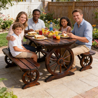 LLZJDDPLY Outdoor Picnic Table and Bench Set, Patio Dining Set Wooden Wagon Wheel, Outdoor Dining Table and Chair, for Garden Yard Porch(160cm/63in)