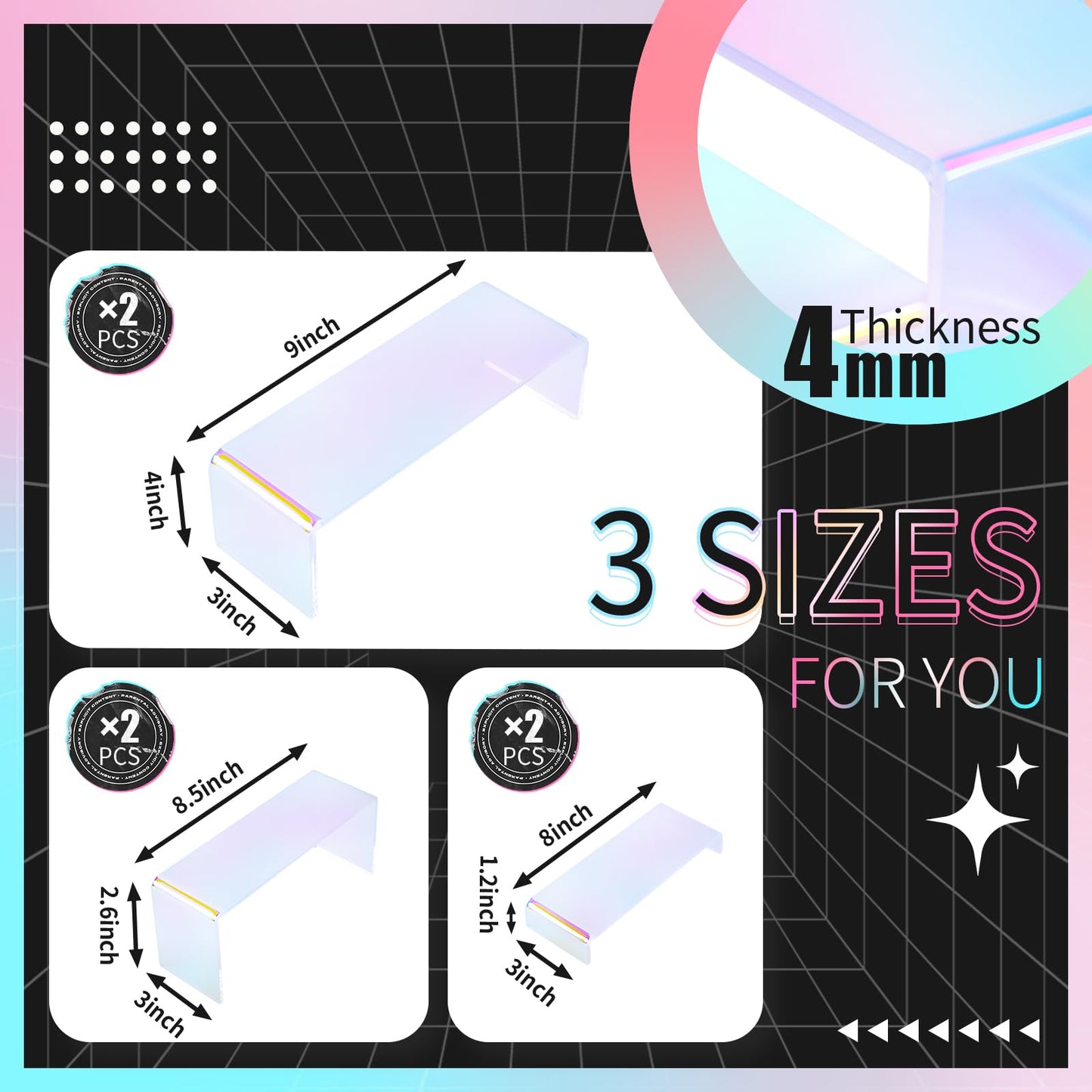 6pcs Iridescent Acrylic Display Risers, Rainbow Display Stand Set for Collectible Figures Jewelry Perfume Organizer, 3 Sizes Rectangular Stands for Candy Dessert Cupcake, Vendor Booth Retail Showcase