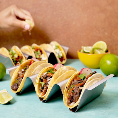 RTT Stainless Steel Taco Holder Stand, Set of 6 - Stylish Rack Holds Up to 3 Tacos Each, Keeping Shells Upright - Oven, Grill and Dishwasher Safe