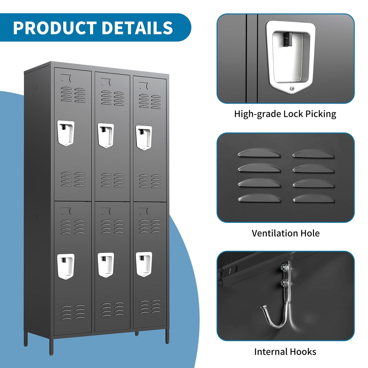 FLIXELIO 6 Doors Metal Lockers for Employees 71" H Storage Cabinet Lockable Locker with Shelves Steel Storage Locker for Gym School Office Home Requires Assembly
