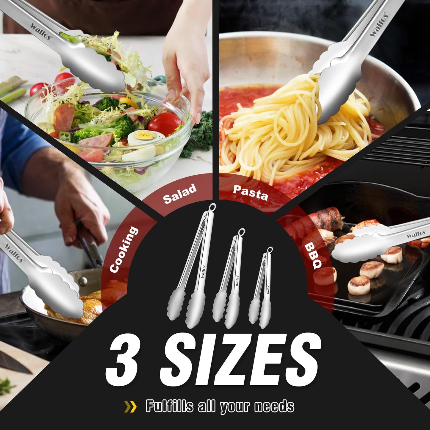 Walfos Kitchen Tongs for Cooking, 600℉ Heat Resistant Stainless Steel Tongs, All Metal Heavy Duty Tongs For Food ,BBQ Grilling - 7 ，9 and 12 Inch ,Set of 3