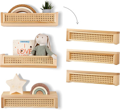 3 Pack, 16 Inch Rattan Wall Shelf Floating Shelves for Nursery, Boho Bookshelf for Baby Room Decor