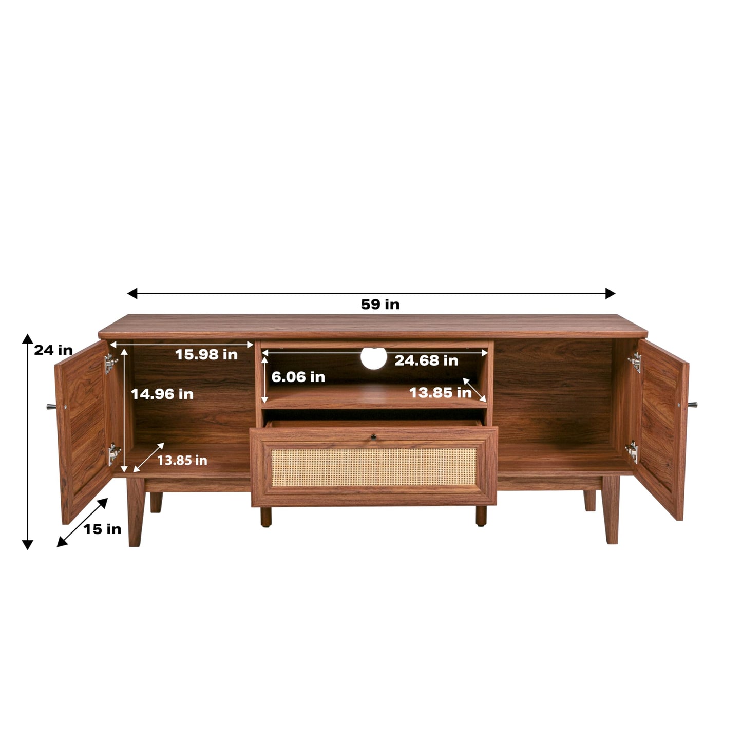 JONATHAN Y Finley 59" Mid-Century Walnut Rattan TV Stand for TVs up to 65 Inch, Wood Media Console with Woven Cane Soft-Close Doors and Drawer, Bohemian Entertainment Center for Living Room TVS1002B