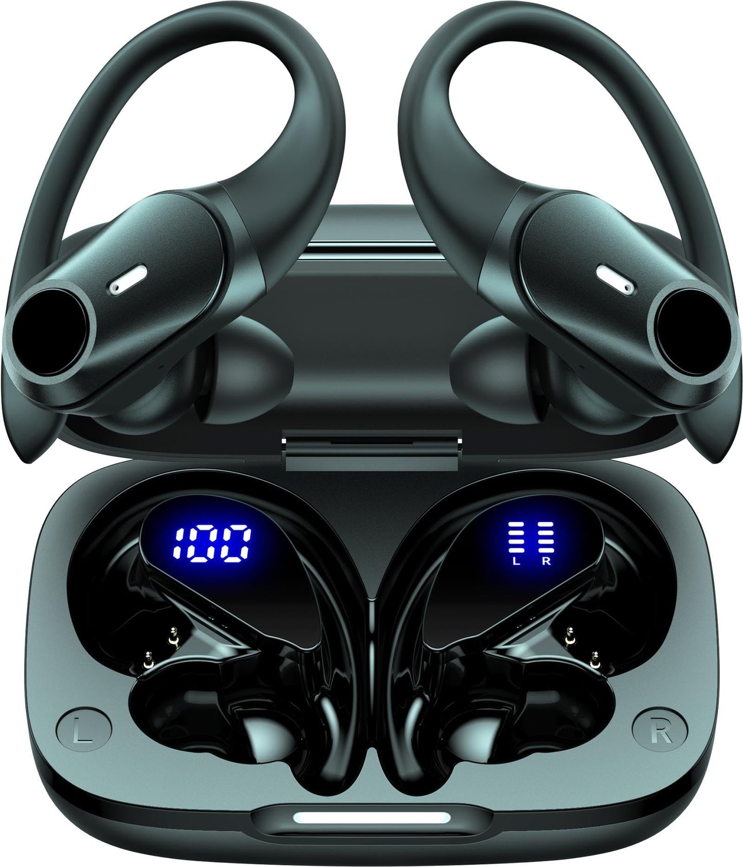 Active Noise Cancelling Earbuds Wireless Bluetooth Headphones 80H Playtime LED Power Display Charging Case Over Ear Hooks Ear Buds with Hi-Res Sound & Clear Calls for Sports Running Gym Workout Black