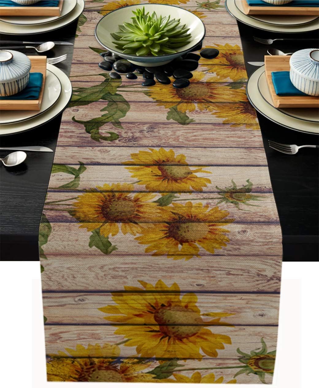 Sunflowers Rustic Table Runner - Cotton Linen Small 36 Inch Dresser Scarves, Farmhouse Tablerunner for Home Living Room