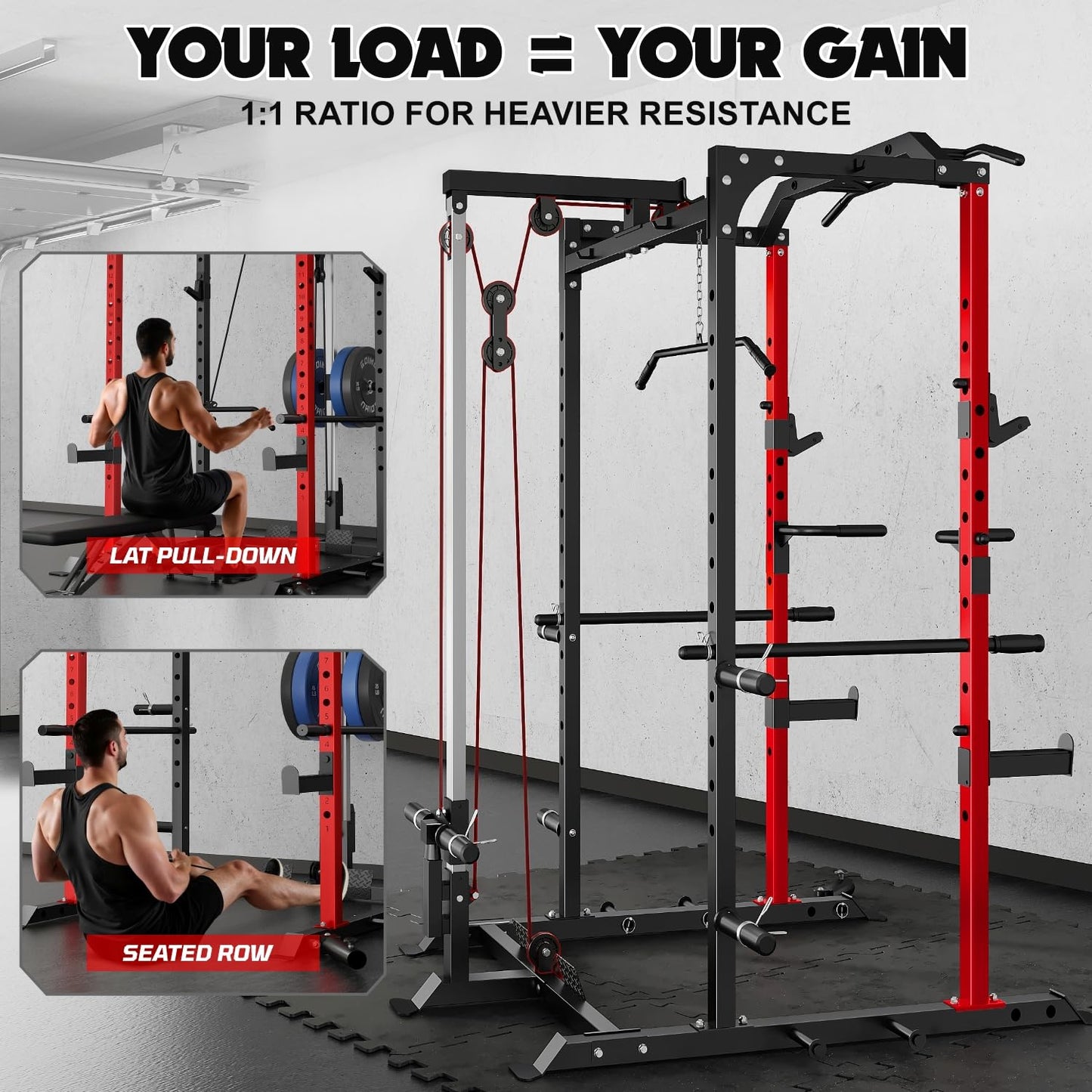Goimu C1-V4 Power Cage, 2000LBS Squat Rack with LAT Pulldown, Multi-Function Weight Cage Strength Training Machine, Workout Cage with More Attachments for Home Gym Garage (220LBS RD Home Gym Package)