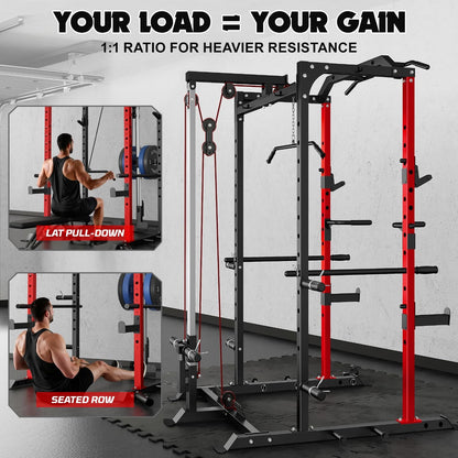 Goimu C1-V4 Power Cage, 2000LBS Squat Rack with LAT Pulldown, Multi-Function Weight Cage Strength Training Machine, Workout Cage with More Attachments for Home Gym Garage (RD Power Cage C1)