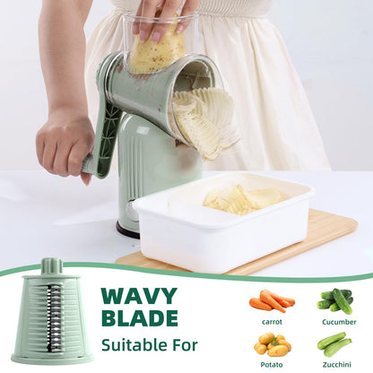 Rotary Cheese Grater with Handle, Vegetable Shredder with 5 Replaceable Blades & Strong Suction Base, Round Food Slicer & Chopper for Kitchen Fruit Vegetables Nuts with Blade Storage Box (Green)
