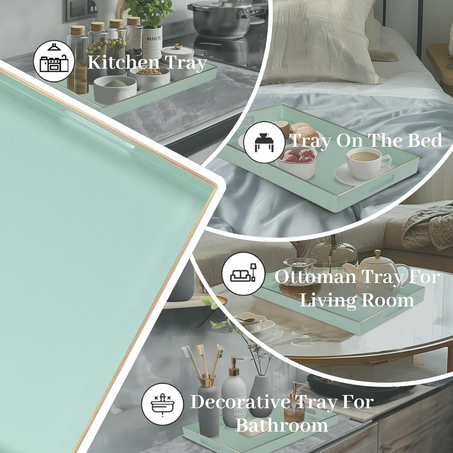 15.8 10.2 1.4" MAONAME Mint Green Serving Tray with Handles, Modern Decorative Trays for Coffee Table, Plastic