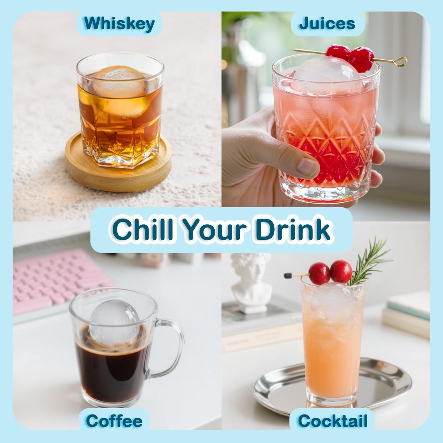 1.8in Large Ice Cube Molds - Big Round Whiskey Ice Trays for Freezer with Bucket, Scoop, Tongs, 2 Straws - Easy to Fill & Release, Bourbon Cocktail (3 pack, 8 Balls)