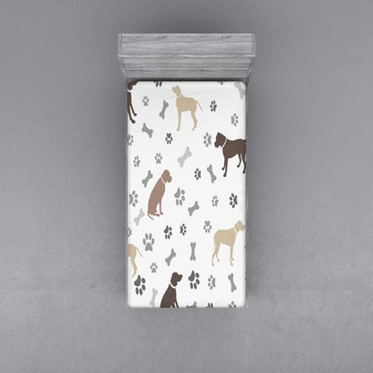 Ambesonne Dog Lover Fitted Sheet, Paw Print Bones and Dog Silhouettes American Foxhound Breed Playful Pattern, Bed Cover with All-Round Elastic Deep Pocket for Comfort, Twin Size, Umber Beige Grey