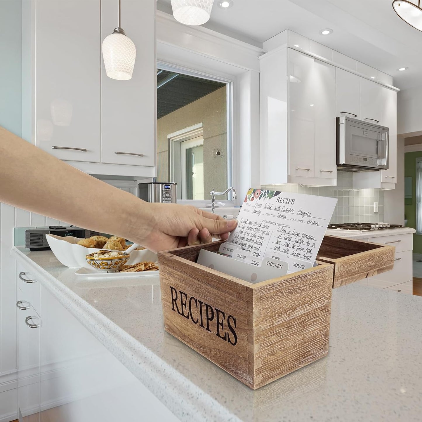 Recipe Box with 50 Recipe Cards 4x6, Rustic Wood Organizer Set for Housewarming and Weddings