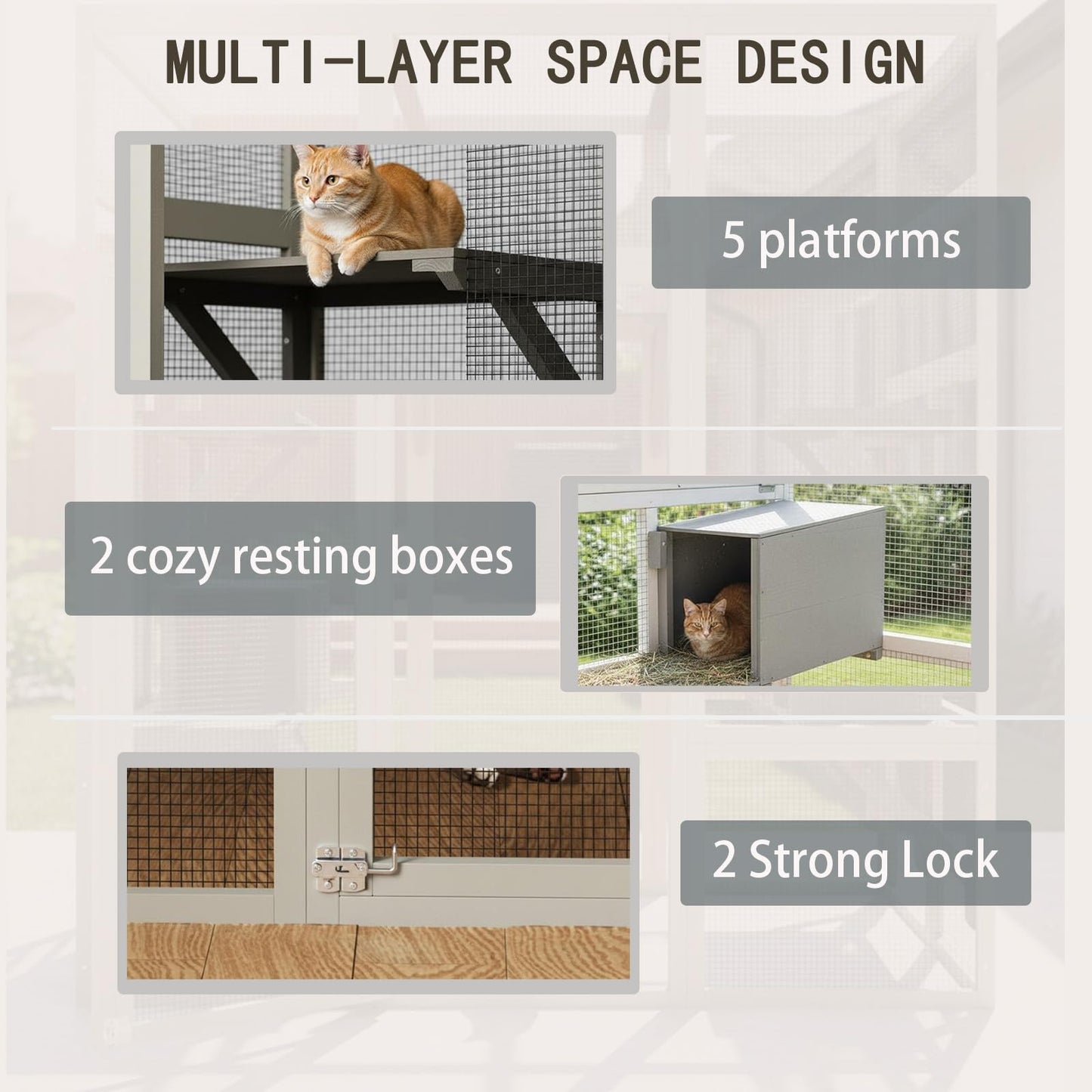 70" Large Outdoor Catio Cat Enclosure, Wood Cat Patio with Waterproof UV-Resistant Roof, Cats Shelter with 5 Platforms and 2 Resting Box, and Secure Rust-Proof Wire for Backyard or Patio