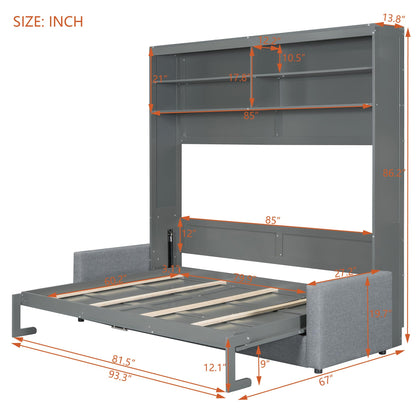 Merax Queen Size Murphy Cabinet Bed with Sofa, Wood Folding Murphy Bed with Open Shelves, Space-Saving Wall Bed for Guest Room and Home Office