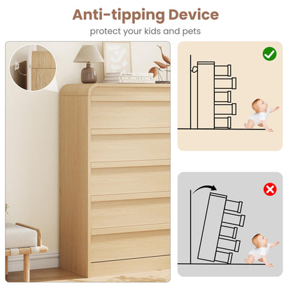 Garvee 5 Drawer Dresser for Bedroom, 45" Tall Wooden Dressers with Curved Profile Design, Mid Century Chest of Drawers Closet Clothes Storage Organizer for Living Room, Entryway, Nursery, Natural