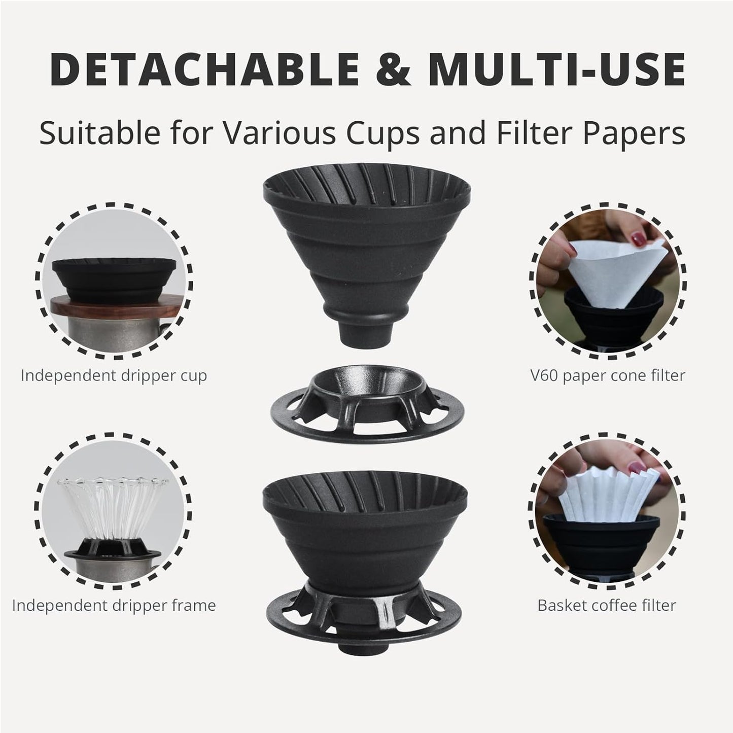 Collapsible Coffee Dripper - Silicone Reusable Pour Over Coffee Maker for Camping, 1-2 Cup (Black)