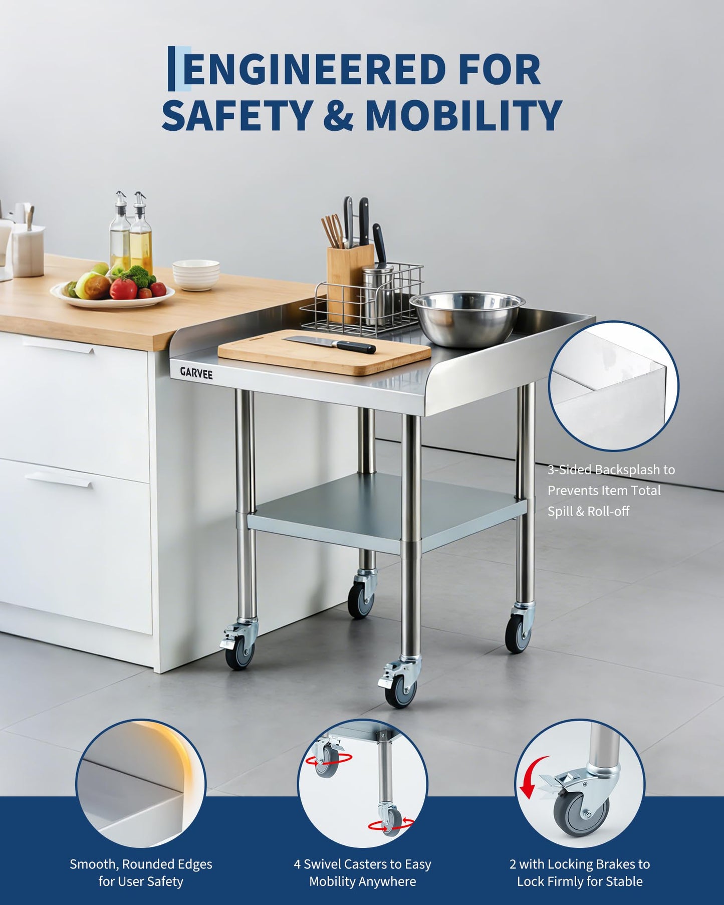 GarveeHome 30x36 Inch Stainless Steel Work Table with Wheels, Commercial Food Prep Table with 3-Sided Fixed Backsplash & Height-Adjustable Undershelf, Heavy-Duty Workbench for Restaurant Garage