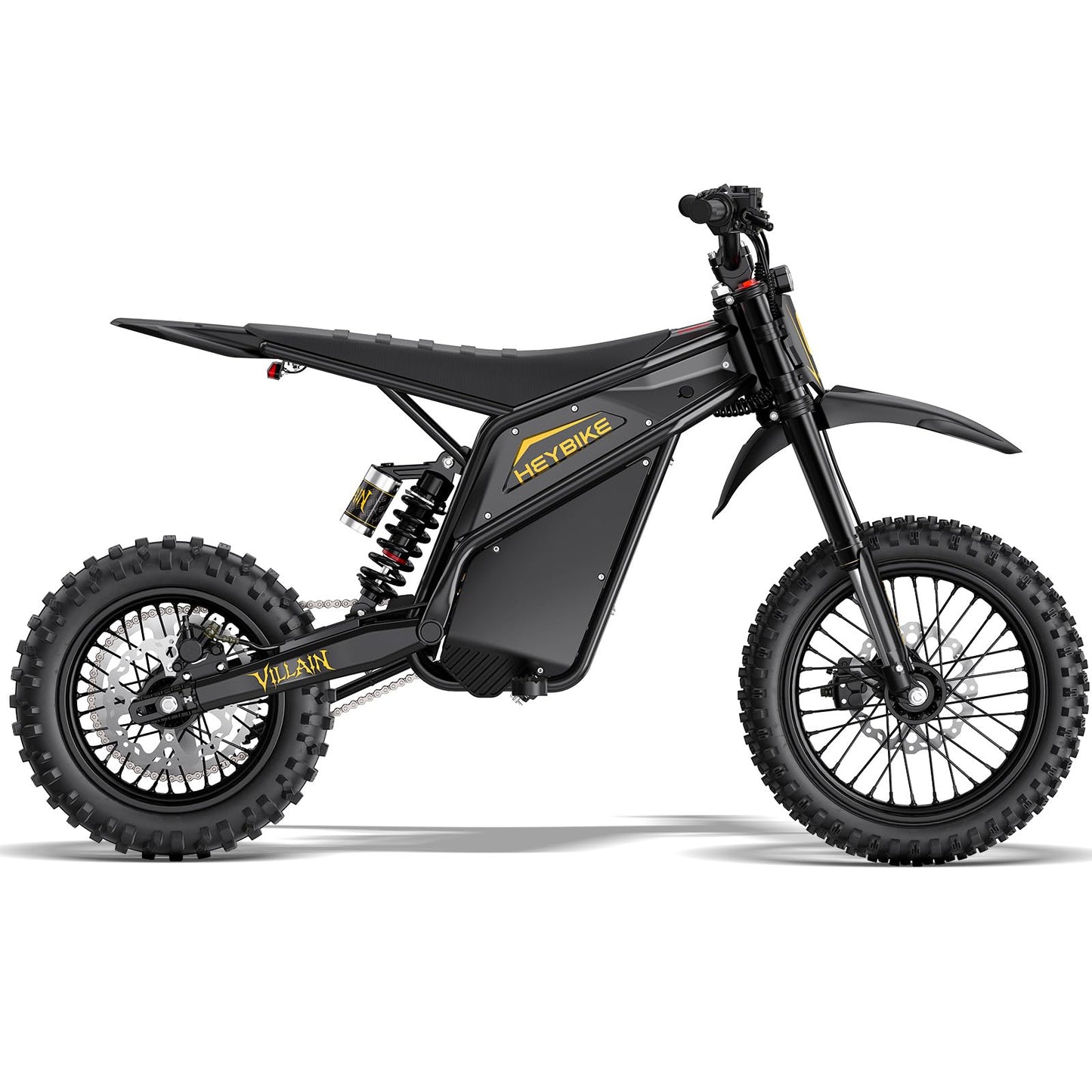 Heybike Villain Electric Dirt Bike, 4160W E Dirt Bike with 52V 26AH Battery, 14"/12" Fat Tire Electric Motorcycle for Teens, Max 45MPH Ebike with Reversing Function（Standard; Inky Black）