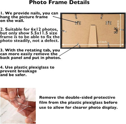 JCJMY 6x12 Picture Frame - Black Wall Mount for Horizontal or Vertical Display | Shatter-Resistant Plexiglass