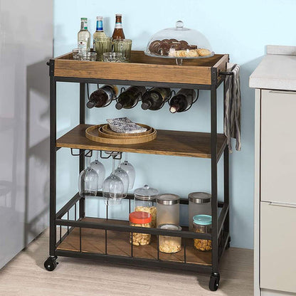 Storage Rack Serving Cart 3-Tiers Serving Trolley with Lockable Wheels & Removable Serving Tray, Rolling Bar Cart with Wine Rack & Glass Holder, for Home, Dining Room,26''Dx16''Wx35''H,Brown