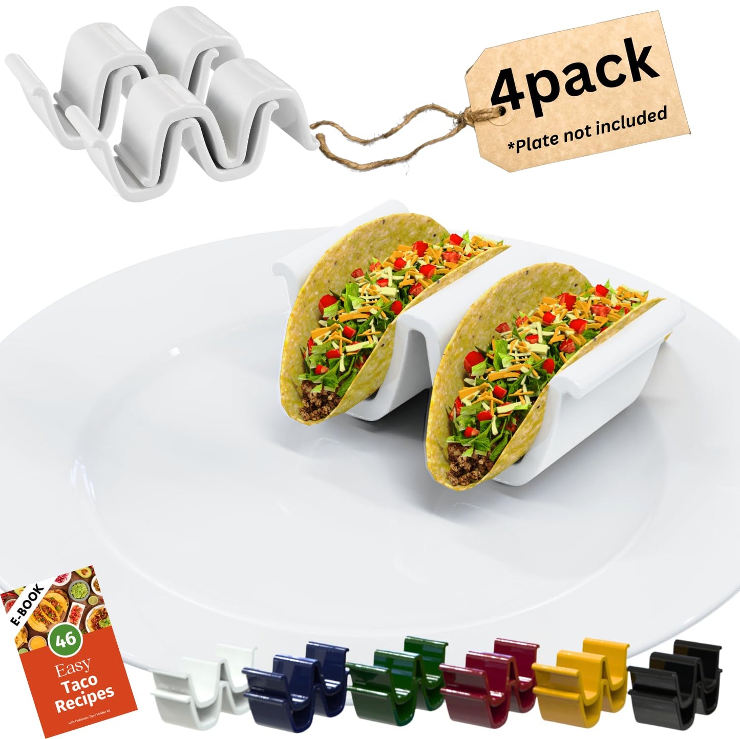 HolaTasty Taco Holders Set of 4 Ceramic, Dual Taco Stand for Dinner Plate - Compact Taco Rack 2-Slot for Hard Shell Tacos, Tuesday Taco Server Mini Taco Holder, Taco Heater for Microwave Oven, White