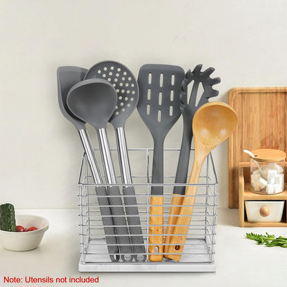 Utensil Holder for Kitchen Counter, Metal Rack for Cooking Tools Storage, Organizer with Drainage Hole (Chrome Marble)