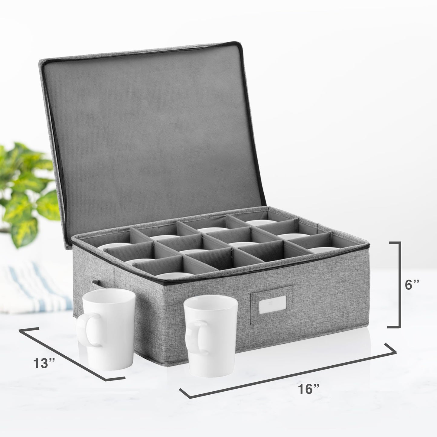 Cup Storage Container - 16" x 13" x 6"H - Holds 12 Coffee Cups - Tea Cups - Mugs - Hard Shell and Stackable - Includes Insert Card for Labeling and Padded Dividers