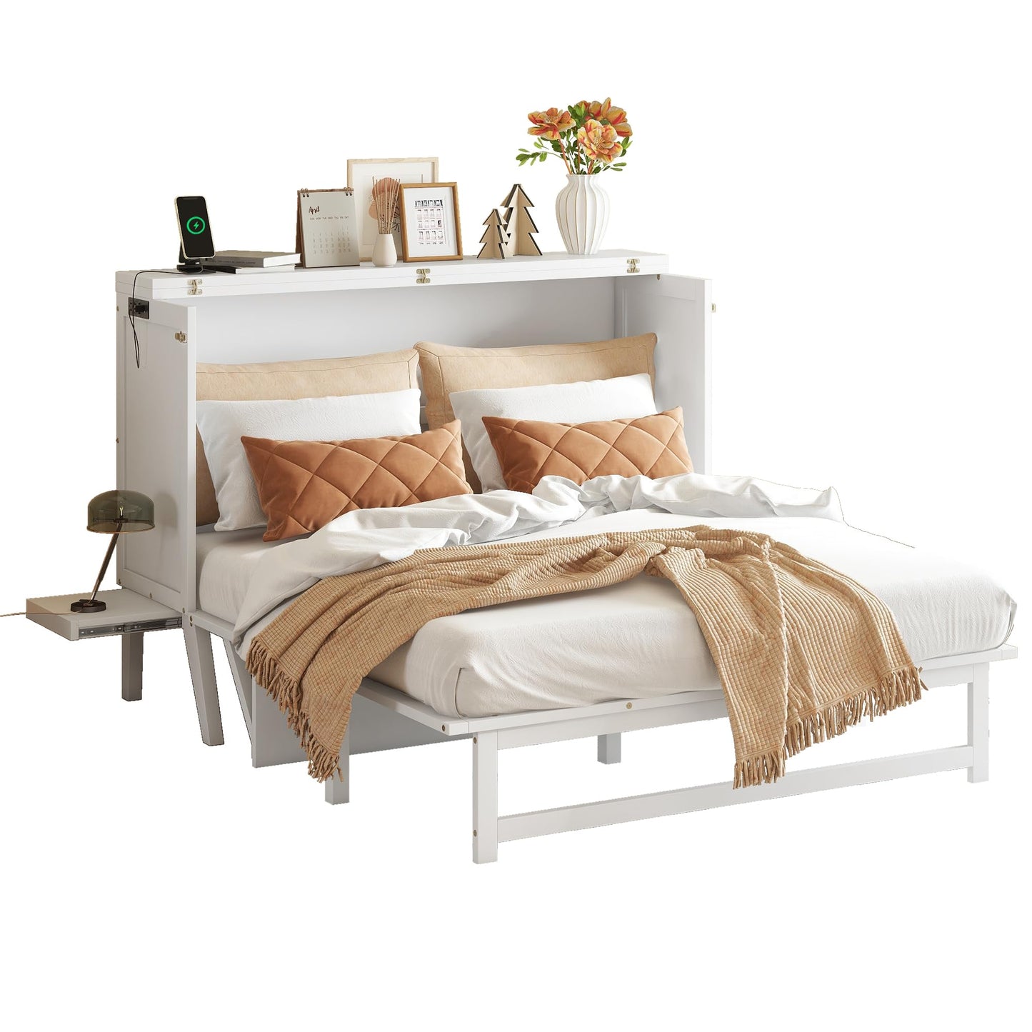 Queen Size Murphy Bed Cabinet with Charging Station,Mobile Cabinet Bed Murphy Chest Bed,Cabinet Bed Queen with Removable Shelves,Space Saving Murphy Bed for Bedroom,Guest Room,Office,White