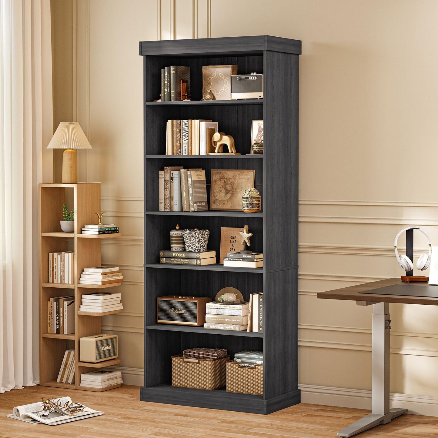 Lynsunix 70.8" Modular Bookshelf–Farmhouse Style, 6 Adjustable Tiers Shelves, Spacious Storage Cabinet for Home Office or Living Room, Black