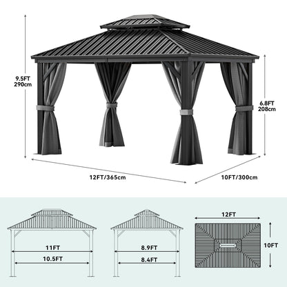 YITAHOME 10X12FT Gazebo Hard Top Patios Aluminum Frame Double Roof Canopy Garden Metal Gazebo Tent Curtains Netting for Patios Backyards Decks Lawns, Gray