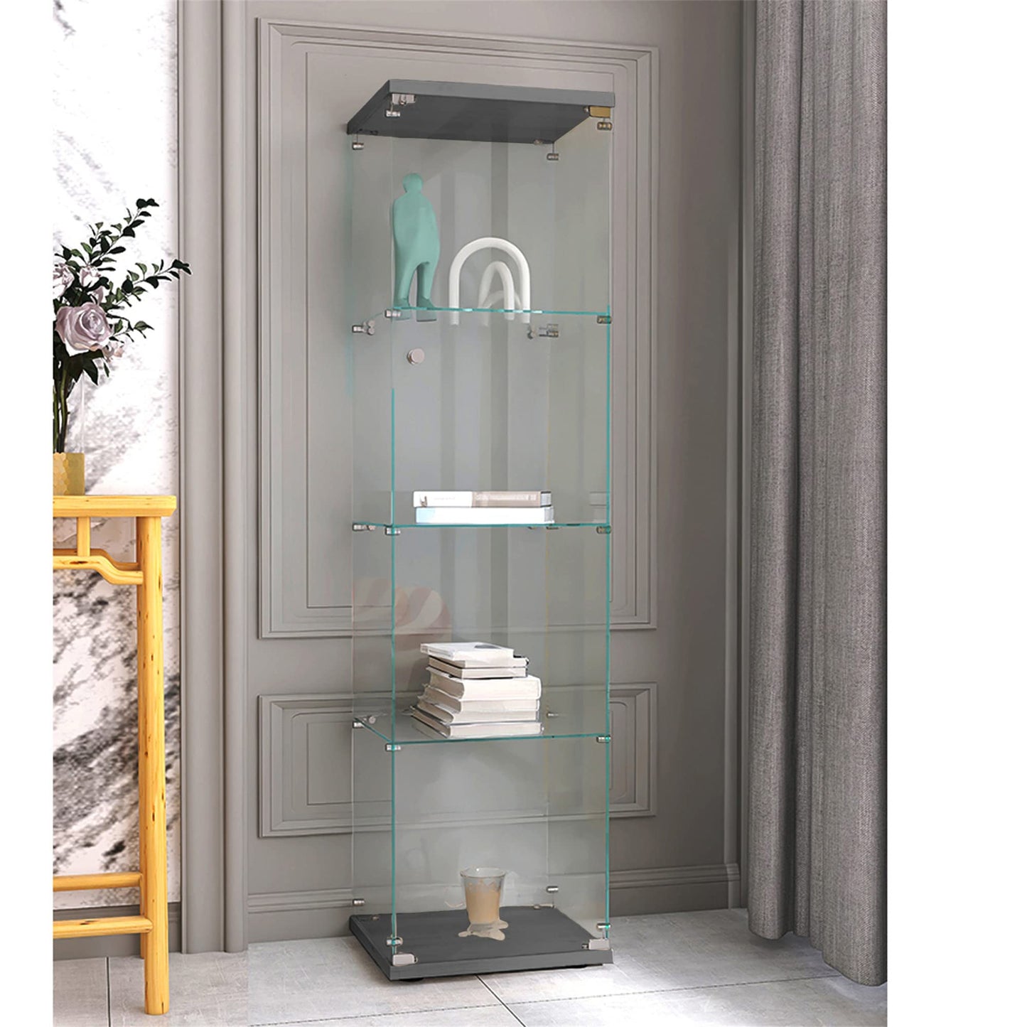 Acosure Glass Display Cabinet 4-Shelf,Curio Cabinets with Door,Floor Standing Bookshelf,Easy Assembly,for Bedroom Living Room Office,Black (17.00" L x 14.70" W x 64.00" H)