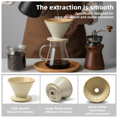 DIF DECO Ceramic Pour Over Coffee Dripper, Reusable Porcelain Portable Pour Over Coffee Maker, Slow Brewing Accessories with 1 Holes for Home, Office, Travel, Camping (Brown)