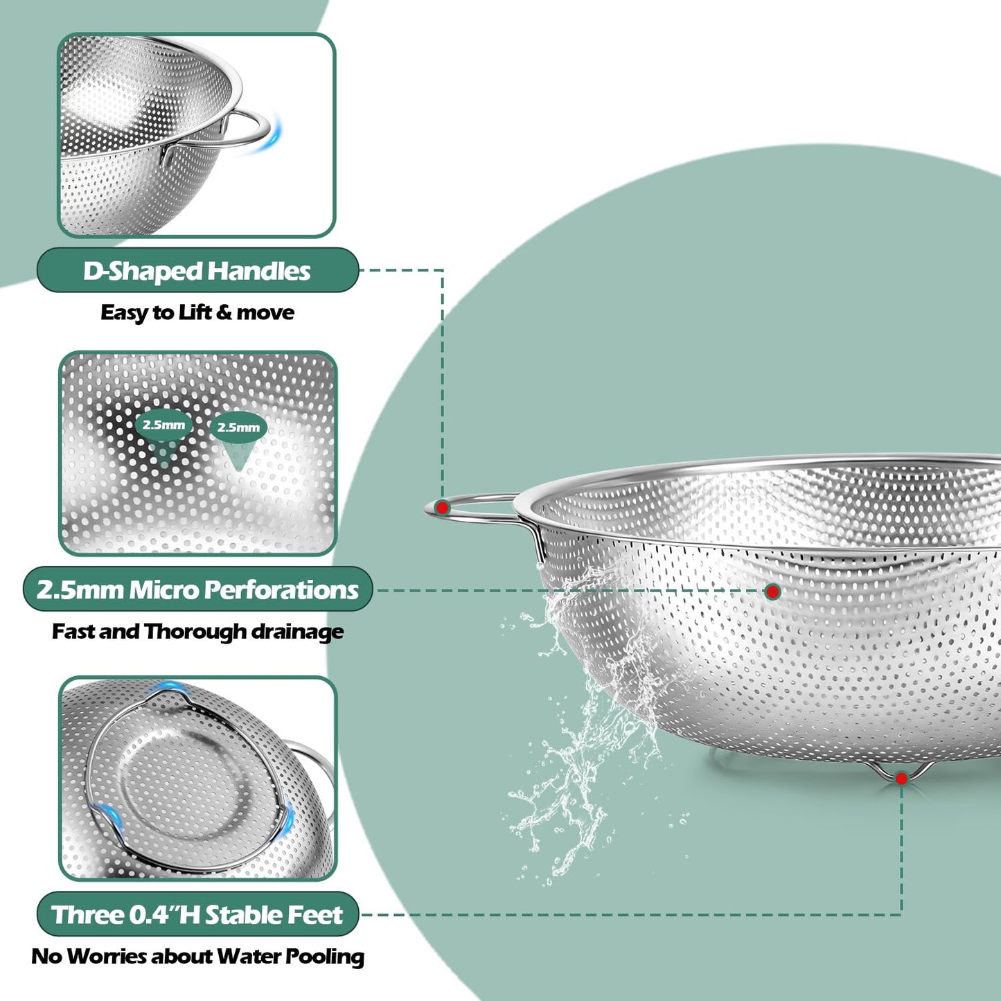 Leonyo Stainless Steel Colander for Kitchen, Micro-Perforated Metal Strainer with Handles for Draining Pasta, Strainers and Colanders Set of 3(1-3-5Quart) for Rinsing, Steaming, Dishwasher Safe
