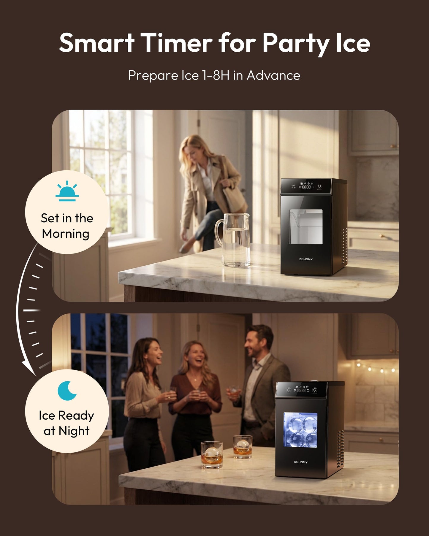 EUHOMY 2.4" Ice Ball Maker Countertop, 2Pcs Ready in 60Mins, 48Pcs/Day, 8H Timer, Self-Cleaning Sphere Ice Maker Machine with Crystal Clear Ice, Round Ice Cube Maker for Whiskey & Bourbon