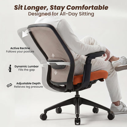 COLAMY Aether Executive Office Chair for Long Hours, One-Touch Easy Adjust Managerial Desk Chair with Levitating Seat Cushion & Pilot-Level Sync Armrests, 300 LBS Mid Back Mesh Computer Chair,Orange