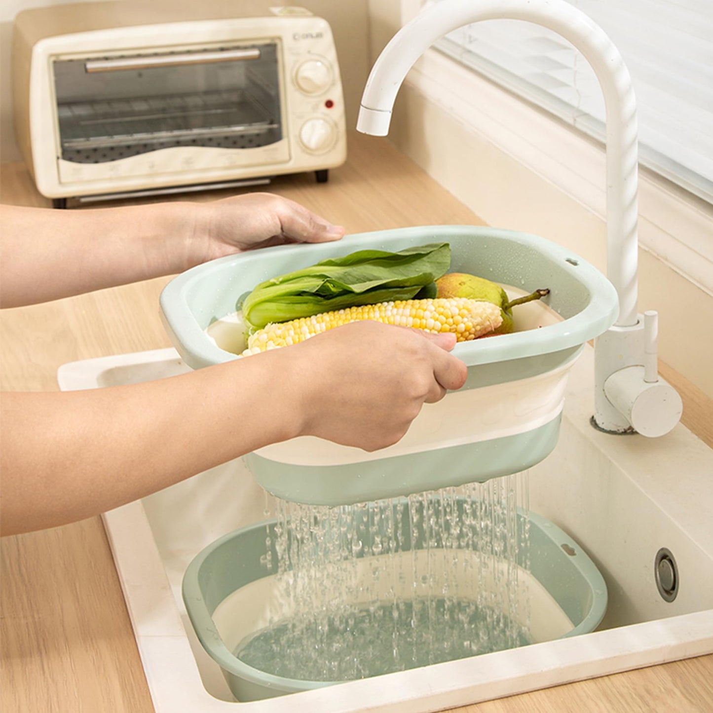 Cemome Collapsible Dish Basin with Colander, Foldable 2-in-1 Dish Pan and Strainer Set with Drain Holes, Portable Wash Basin for Kitchen Sink, Camping, Travel & RV (Grey)