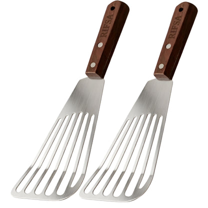 Fish Spatula Stainless Steel Pack of 2 | Slotted Fish Turners for Nonstick Cookware Elegant Silver Blade with Natural Walnut Wooden Handle, 11” Flexible Spatula for Home & Professional Cooking
