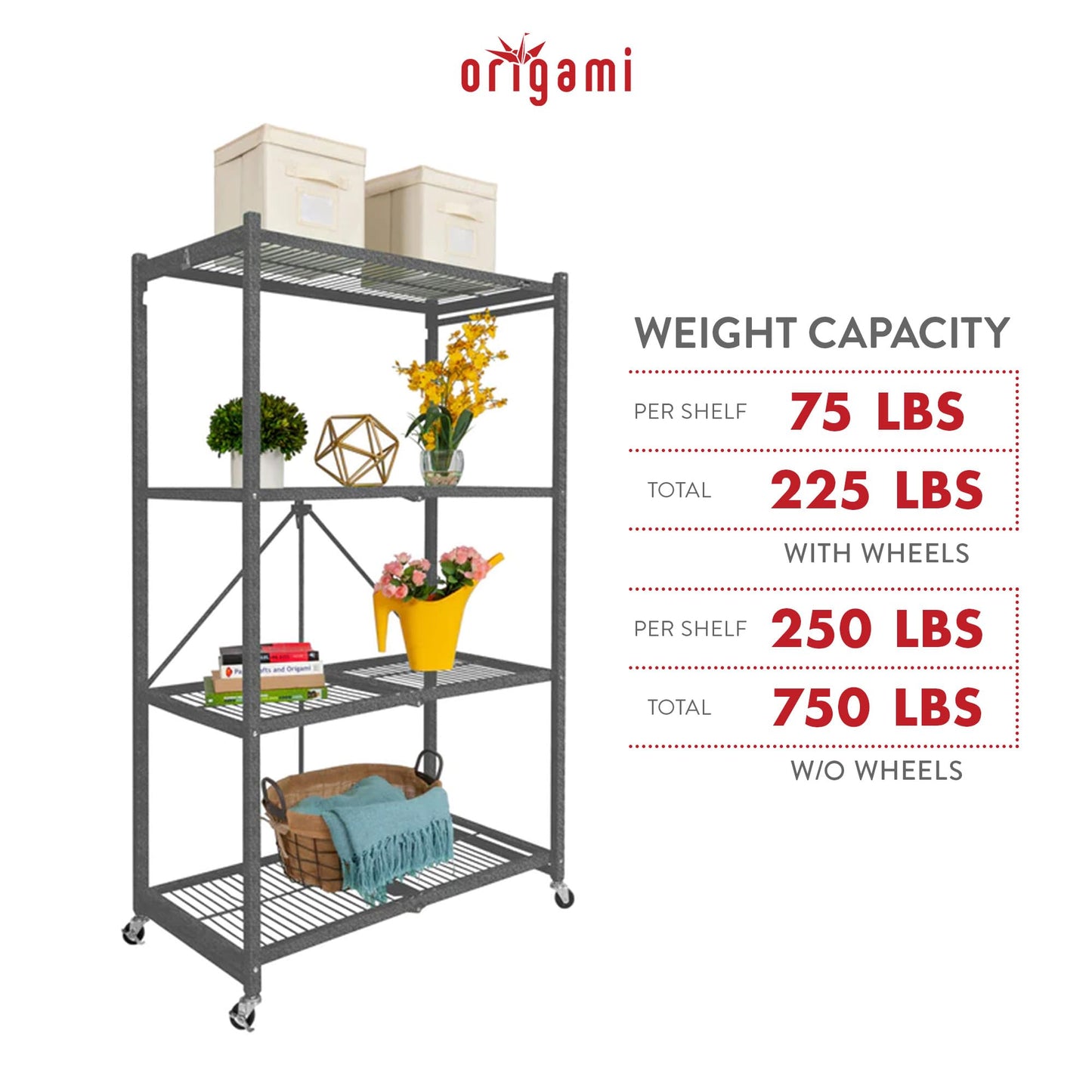 Origami R5 4-Shelf Heavy-Duty Folding Storage Rack, Pewter - Large Foldable Metal Shelving Unit with Wheels for Garage, Pantry, Basement, Laundry Room or Warehouse