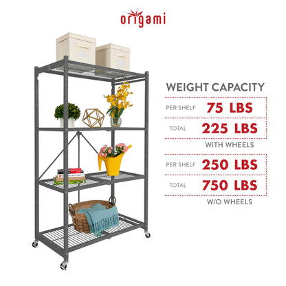 Origami R5 4-Shelf Heavy-Duty Folding Storage Rack, Pewter - Large Foldable Metal Shelving Unit with Wheels for Garage, Pantry, Basement, Laundry Room or Warehouse
