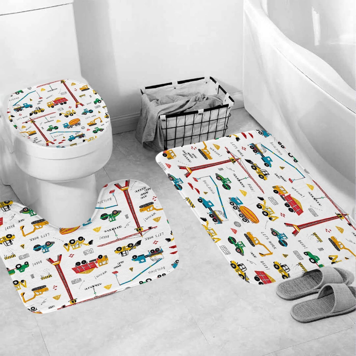 GRIEKOWE 4 Sets, Bulldozer Set, 72x72in Pcs Excavator Kids Shower Curtain Tractor Machinery Trucks, Construction