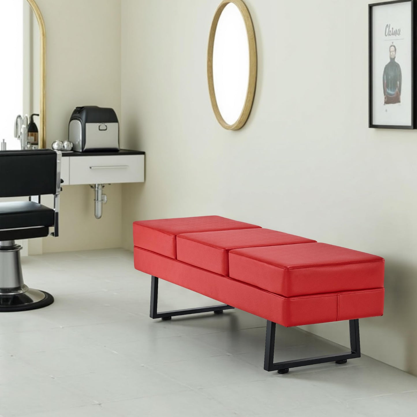 BarberPub Waiting Room Chairs, Heavy Duty Office Guest Reception Bench, Faux Leather Upholstered Lobby Chairs for Salon, Conference Room 7008 (Red)