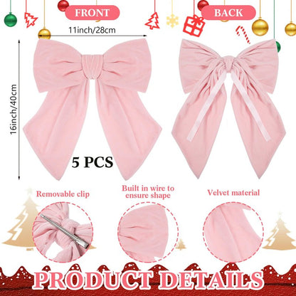 Riceshoot 5 Pcs Valentine's Day Velvet Bows 11'' x 16'' Large Velvet Ribbon Bow for Wreaths Pre-Tied Bowtie for Valentines Gift Wrapping Romantic Festive Party Decoration(Light Pink)