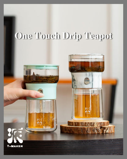 ZENS Modern Small Glass Infuser Teapot, Magic One Touch Drip Tea Pot Infusers for Loose Tea Diffuser, Cool Herbal Teapot with 200ml insulated Cup and Portable Gray Tea Kits for Tea Lovers Gifts
