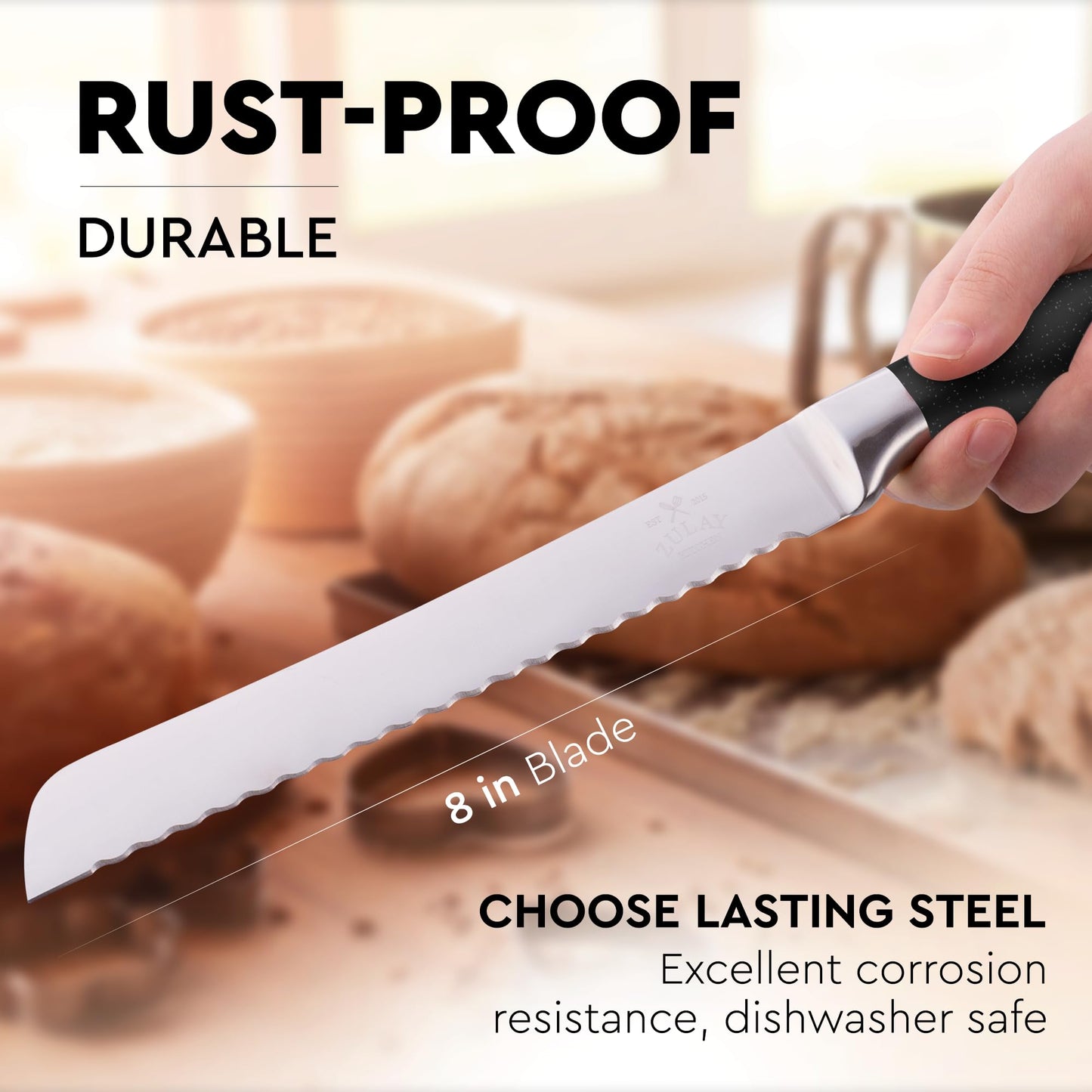 Zulay Kitchen Serrated Bread Knife - Ultra Sharp Stainless Steel Bread Knife for Homemade Bread, Cakes & Bagels - Razor Sharp Wavy Edge Bread Cutter & Slicer - 8-Inch Blade with 5-Inch Handle - Black