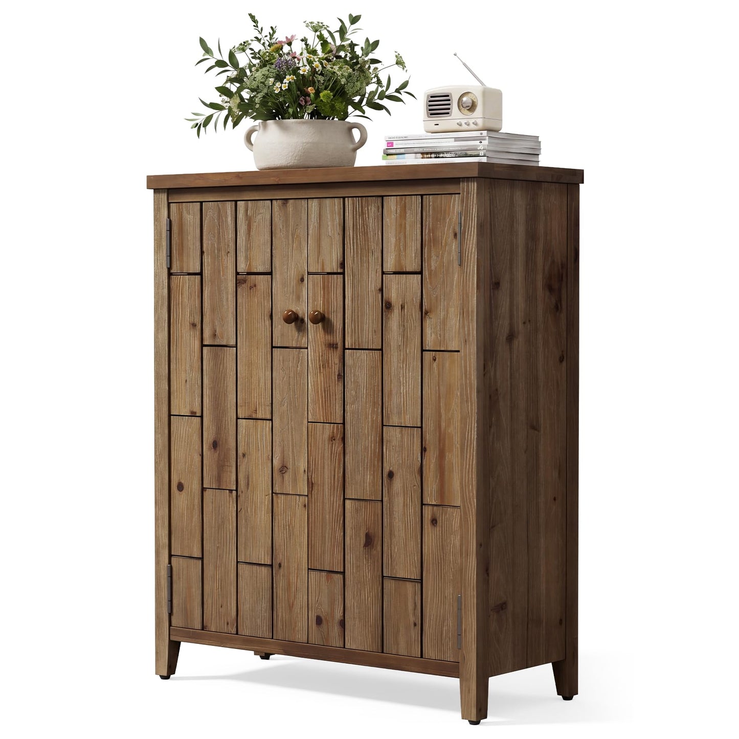 LITTLE TREE Solid Wood Shoe Cabinet with Doors, 6-Tier Tall Shoe Cabinet for Entryway, Farmhouse Freestanding Shoe Storage with Adjustable Shelves, Shoe Storage Cabinet for Entrance, Rustic Brown
