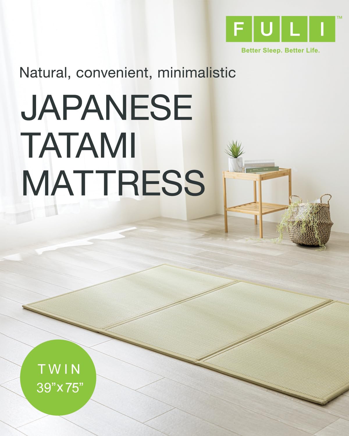 FULI Japanese Tatami Mattress, Foldable Igusa Rush Grass Tatami Rug, Natural Japanese Floor Mattress Mat Made in Japan, Twin