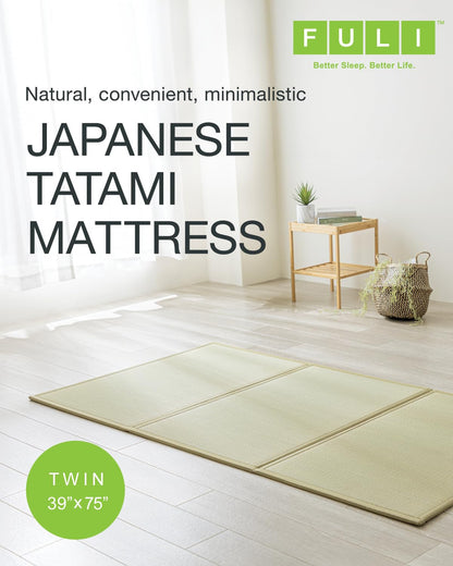 FULI Japanese Tatami Mattress, Foldable Igusa Rush Grass Tatami Rug, Natural Japanese Floor Mattress Mat Made in Japan, Twin