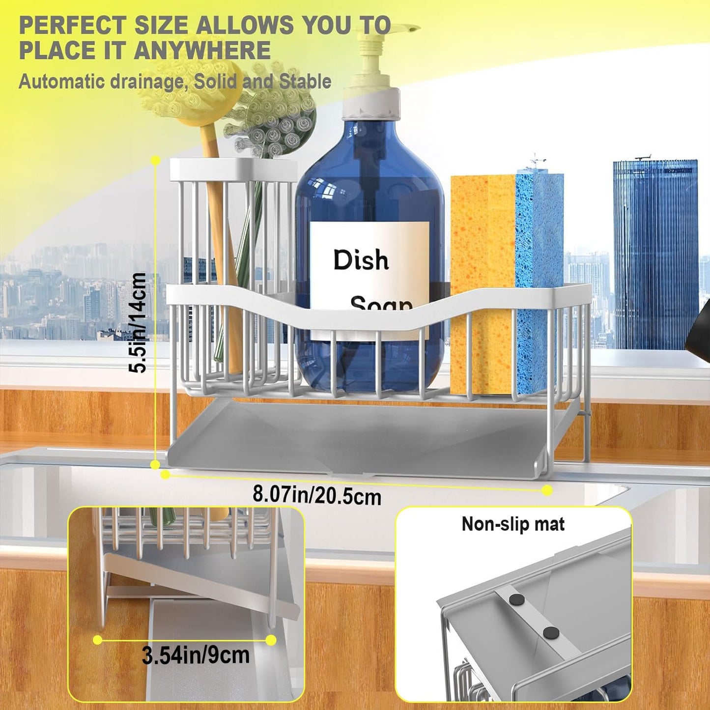 Maifan Sink Caddy Sponge Holder for Kitchen with Brush Holder and Stainless Steel Self Drain Tray, Rustproof Kitchen Sink Organizer for Sponge, Soap Dispenser Storage Accessories (Lacquer Silver)