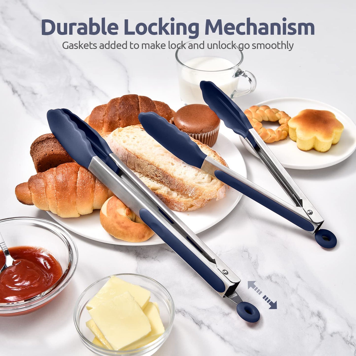 600ºF Heat Resistant Kitchen Tongs: U-Taste 9+12 inch Silicone Cooking Tong Set with Firm Sealed Non Stick Rubber Tips and Silicon Coated 18/8 Stainless Steel Handle for Serving Grilling-Midnight Blue