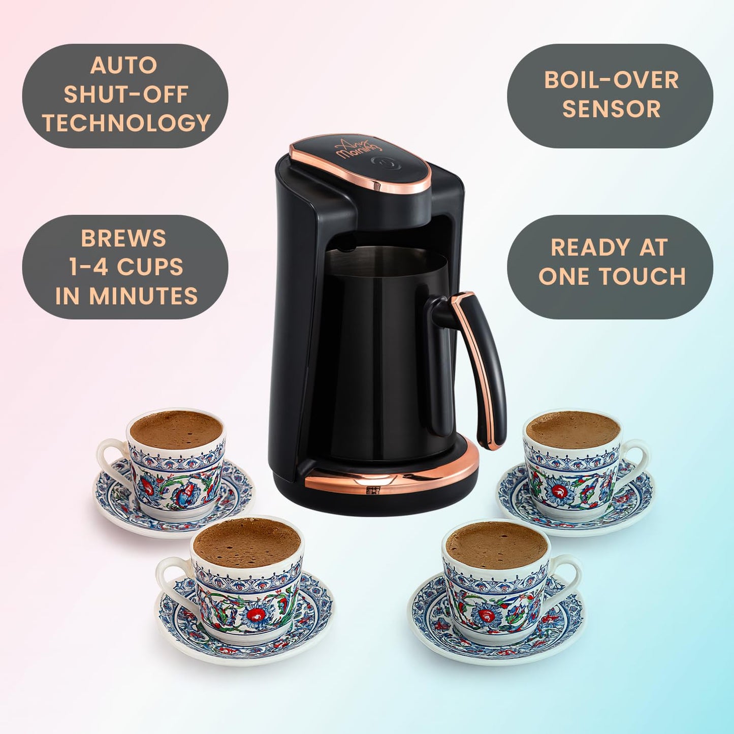 Any Morning Turkish & Greek Coffee Maker-Machine, 1 to 4 Cups Capacity, 100% BPA Free, 400W Electric Coffee Pot with Cook Sense Technology, Anti-Spill Design, Authentic Foamy Brew, Black